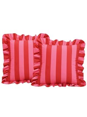 2 NEW striped ruffle pillow shams -18” -pink/red